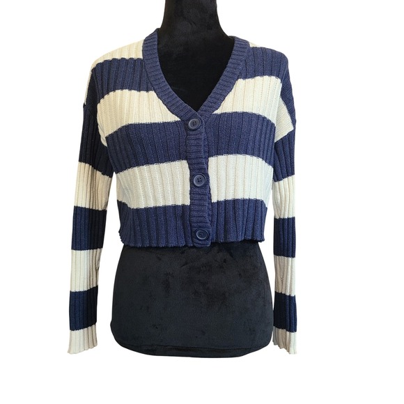 American Eagle Outfitters Sweaters - American Eagle Cropped Boxy Cardigan Women XS Blue White Striped Ribbed Knit